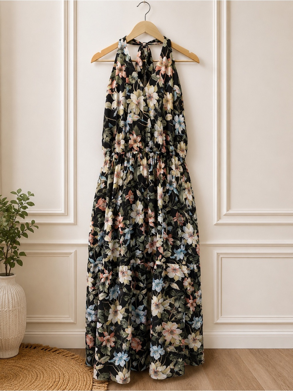 Floral Halter Maxi Dress XL Black Multicolor Sleeveless - Picture 3 of 4